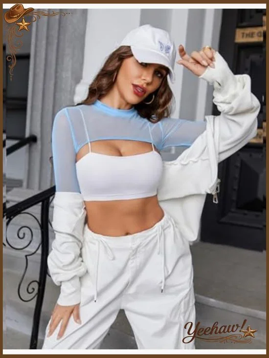 Long Sleeve Mesh Crop Top Mock Neck Slim Fit See Through Clubwear - Picture 6 of 7